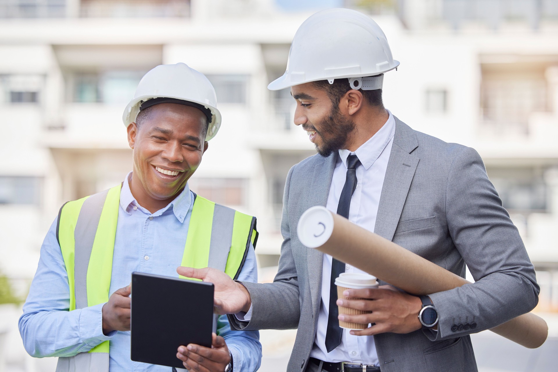Happy people, architect and tablet in city for team planning, construction or strategy on rooftop at site. Men, engineer or contractor on technology in teamwork, project or architecture plan in town